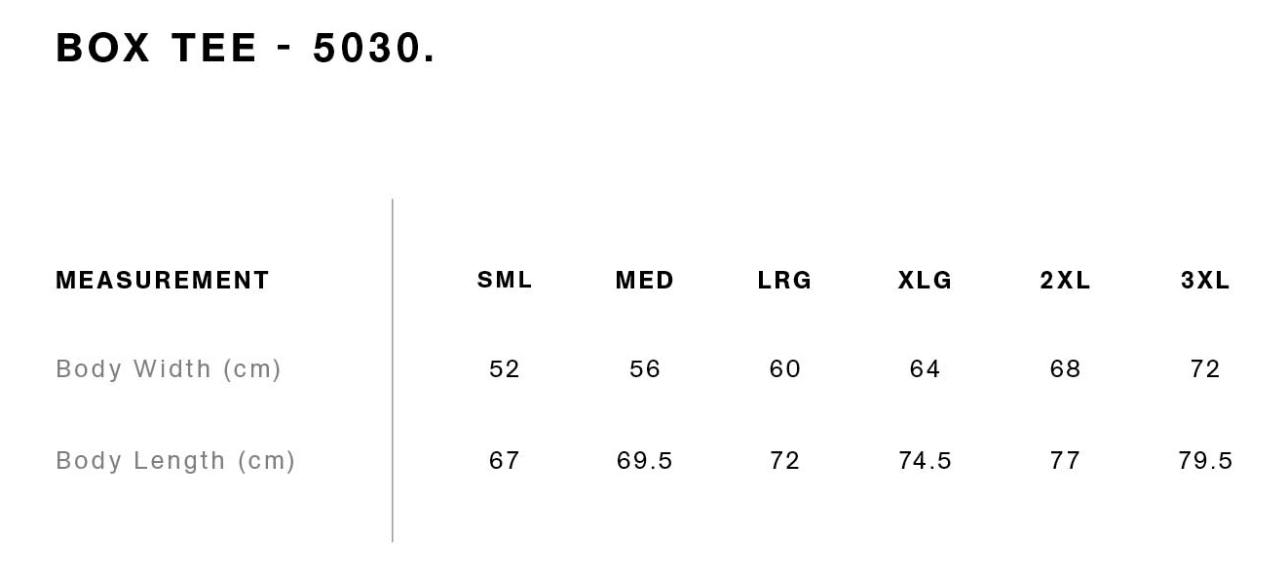 Measurement chart for a box tee with size chart labeled 'BOX TEE - 5030'.